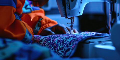 Person Sewing Patterned Fabric with Sewing Machine
