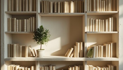Bookshelves filled with books and a potted plant on a shelf with sunlight illuminating the scene.