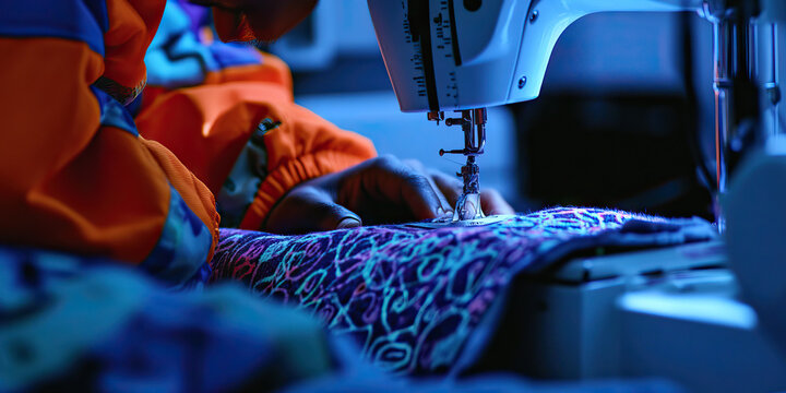 Person Sewing Patterned Fabric with Sewing Machine