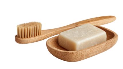 Wooden toothbrush and soap dish isolated on transparent background

