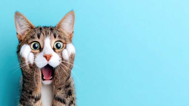 Surprised cat with paws on face blue background