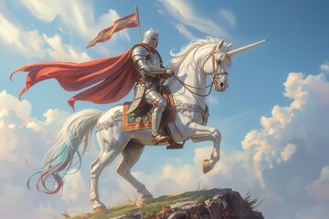 An armored knight sits astride a majestic white unicorn, a banner held high against a cloudy sky.