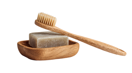 Wooden toothbrush and soap dish isolated on transparent background

