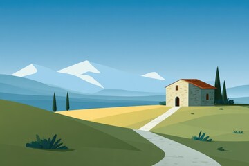Naklejka premium Rural landscape with stone house and mountains