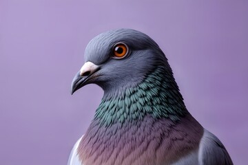 Fototapeta premium Ultra-realistic close-up of a pigeon's head, intricate details of the eye (orange iris, black pupil), textured wattle, subtle variations in feather color around the neck, soft focus on the body