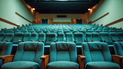 Empty auditorium with rows of teal chairs facing the stage. The setting appears calm and ready for an event.