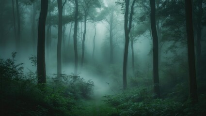 Naklejka premium A misty forest path with tall trees enveloped in fog, creating a mysterious and tranquil atmosphere.