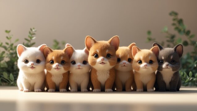 Group of adorable kittens with different fur colors standing together on a surface with greenery in the background.