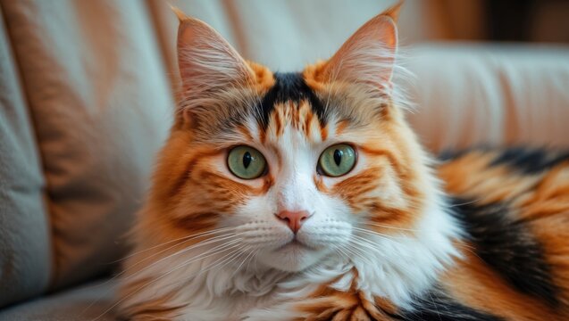 Close-up of a calico cat with green eyes resting on a sofa. Feline portrait with detailed fur and an attentive expression. Cozy home setting.
