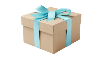 Wrapped gift box with light blue ribbon isolated on transparent background

