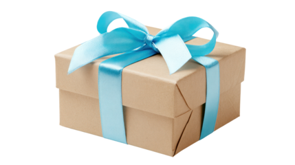 Wrapped gift box with light blue ribbon isolated on transparent background

