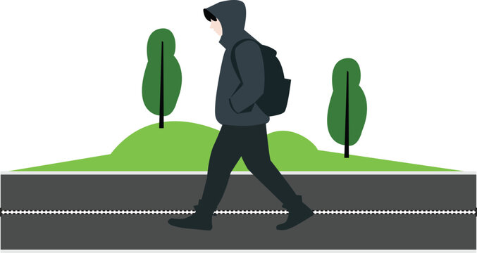 Businessman working on laptop bag walking going office silhouette with cartoon style and green background illustration