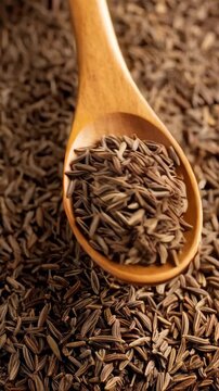 Close-up view of aromatic cumin seeds in a rustic wooden spoon, with a background of loose cumin seeds, creating a warm, earthy food photography composition.