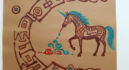 Stylized unicorn illustration with ancient inspired design