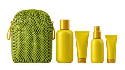 Yellow cosmetic bottles in green mesh pouch mockup isolated on transparent background

