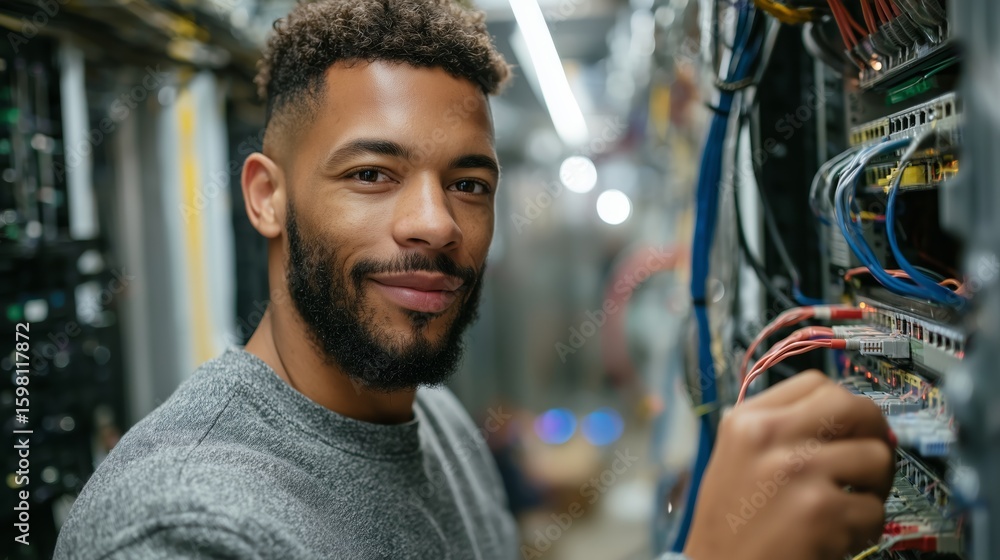 Poster technician working on equipment in data center during busy day ensuring optimal server performance a