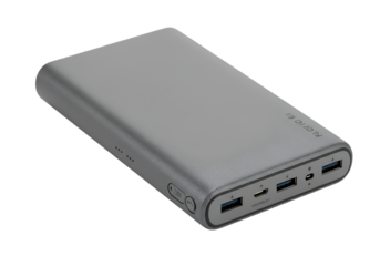 Photo of a Gray Power Bank Device on Black Background, USB Ports