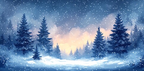 Snowy forest with fir trees and falling snowflakes winter