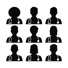 Diverse Doctors Silhouettes Wearing Stethoscopes and Medical Coats Displayed on White