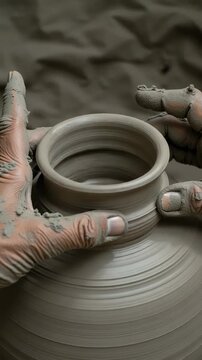 Pottery making with artisan hands on wheel, showing traditional craft and handmade process. 4K, vertical video, social media, 9:16, insta story
