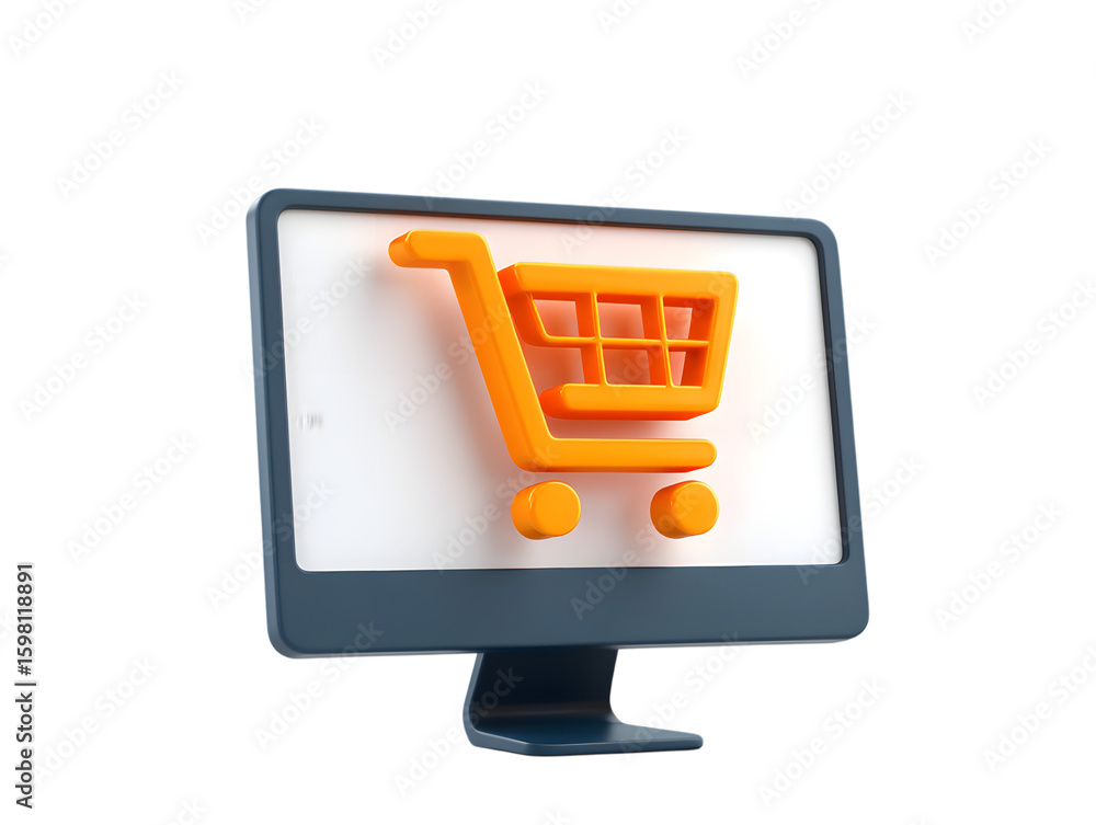 Aufkleber online shopping concept with shopping cart icon on computer screen 3d rendering