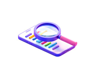 Isometric Smartphone with Colorful Bar Chart and Magnifying Glass for Data Analysis