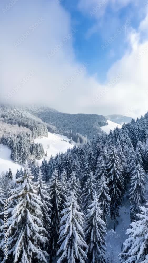 Poster aerial view of a snow covered evergreen forest with a mountain range under a partly cloudy winter sk