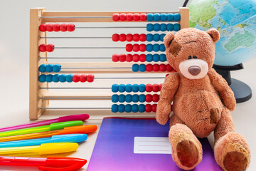school supplies, teddy bear toy, back-to-school concepts or creative learning, School or art...