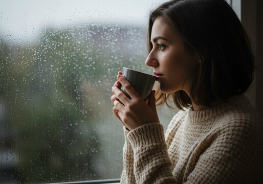 Woman enjoys warm drink indoors while looking out at a rainy window with water droplets
