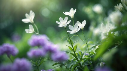 White flowers blooming among purple flowers and green foliage.