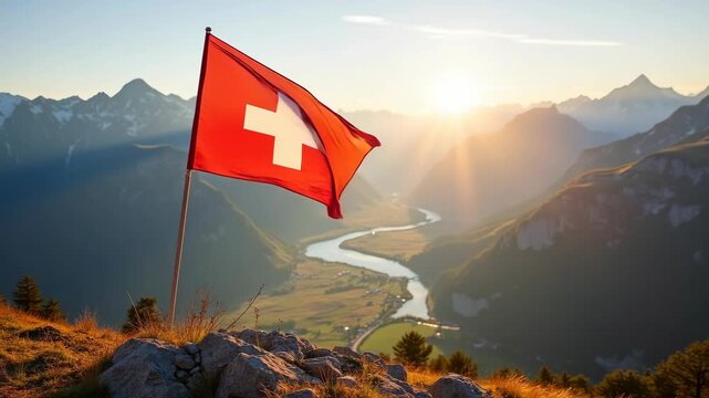 Swiss flag waves proudly above a high-altitude valley surrounded by the Alps, bathed in golden morning light in honor of Swiss National Day