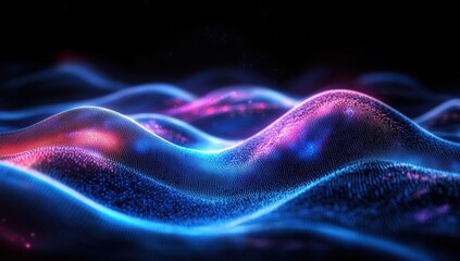 Fototapeta premium A vibrant digital landscape of flowing waves illuminated with neon blue, pink, and purple particles against a dark background.
