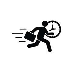 A silhouette runs urgently with a briefcase next to a clock indicating haste transparent background