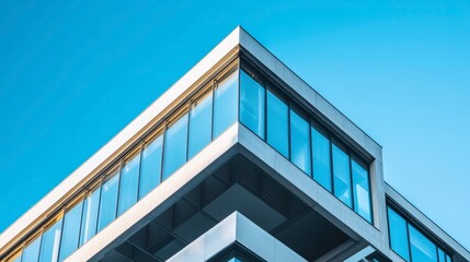 Fototapeta premium Modern glass and concrete office building against a clear blue sky.