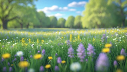 Fototapeta premium A lush green field with colorful wildflowers and trees under a partly cloudy sky. Nature scene with vibrant colors and a peaceful landscape.
