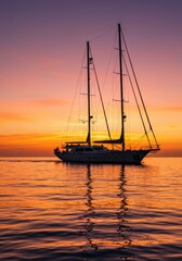 Fototapeta premium A sailboat silhouetted against a vibrant sunset on the water, with reflections creating a serene scene.