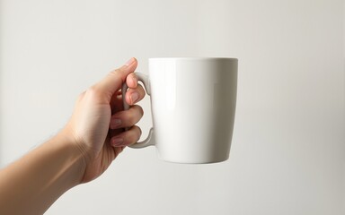 Hand holding white mug, neutral background. High quality