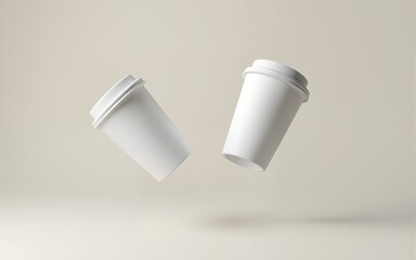 Two blank disposable coffee cups levitating against a neutral backdrop. High quality