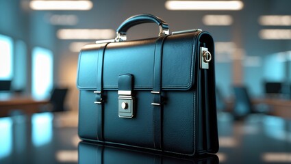 A briefcase in an airport or office setting illuminated by natural and artificial light. Business, travel, and work-related concept. The concept of professionalism and professional accessories.