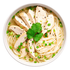 Chicken rice noodle soup green onion coriander sesame white bowl top view Asian food fresh delicious