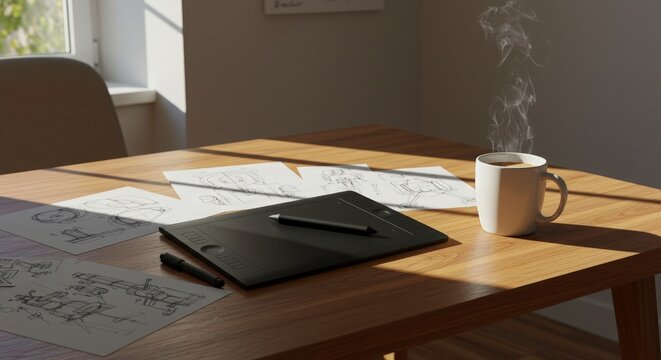 Creative workspace with digital drawing tablet, sketches, and steaming coffee mug - Powered by Adobe
