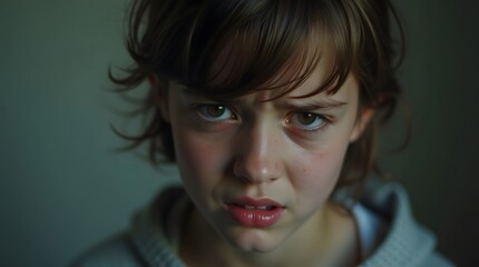 A portrait of a young child with a very angry and defiant expression. Close-up of an upset, frowning kid with intense eyes, conveying frustration or annoyance.