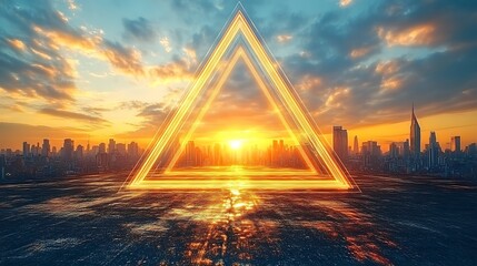 Sunrise over a city framed by a triangle of light.