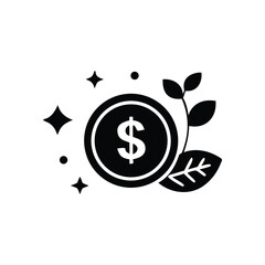 Black dollar coin with leaves sprouts and shining stars symbolizes growing investment on white