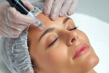 Botox treatment setup in a modern clinic with Latin woman lying calmly, professional equipment.