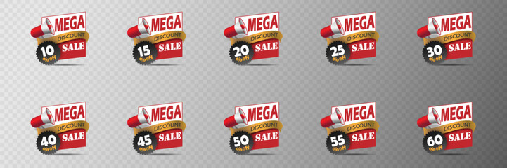 Super discount labels with megaphone and percentage tags 10-60% discount.