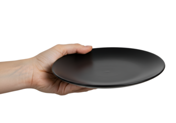 Isolated Photo, Black Plate Held by Hand on Black Background