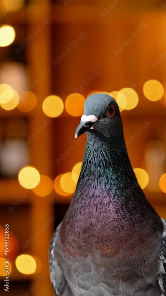 Aufkleber captivating portrait of a pigeon with iridescent plumage against a soft bokeh background of warm lig