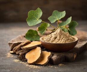 Kudzu root slices with kudzu powder on table with copy space.