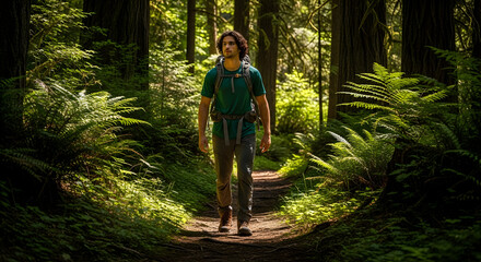 Adventurer Exploring Verdant Forest Trail Immersed in Nature's Tranquil Beauty